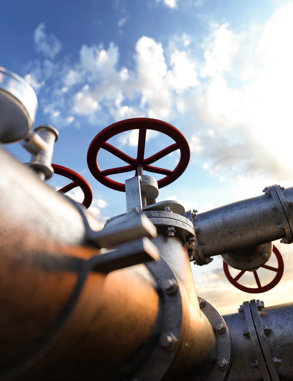 Industrial oil pipeline at a modern refinery with large red valves for cutting supply 3d render